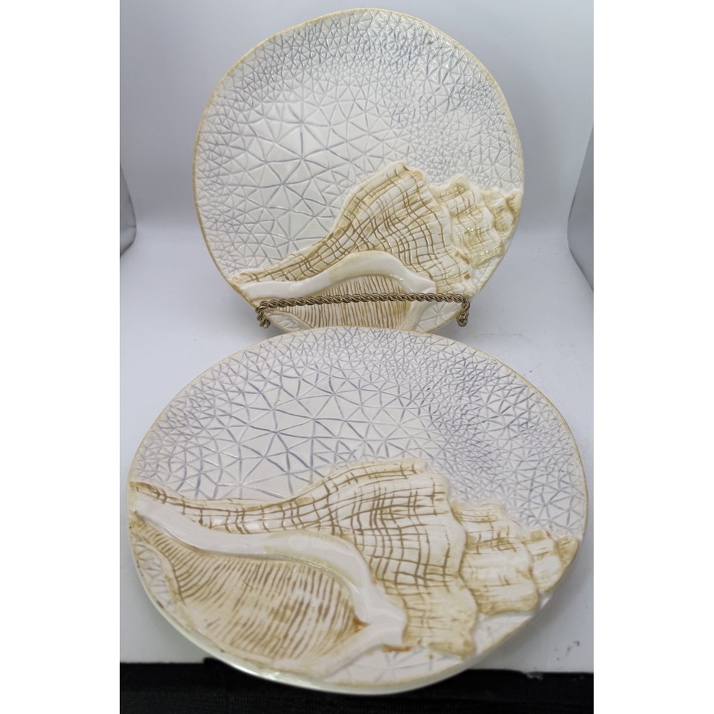 Cracker Barrel Coastal Conch Shell Dinner Plates Set of 2 Embossed Stoneware